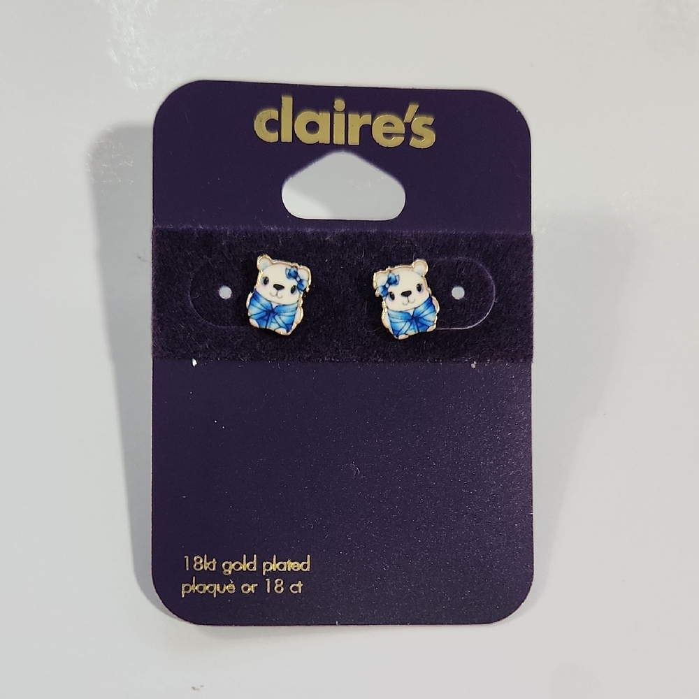 Claire's 18 KT Gold Plated Dog Earrings with Blue Bows